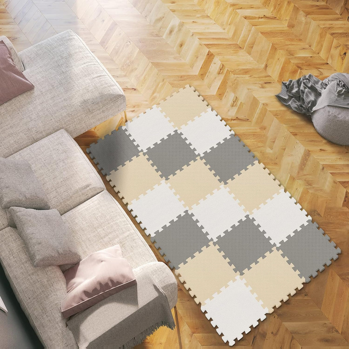 EVA Rubber 18 Tiles Interlocking Puzzle Foam Floor Mats - Baby Play Mat for Playing | Exercise Mat for Home Workout. White, Pink, Gray. QC-ACLb18N