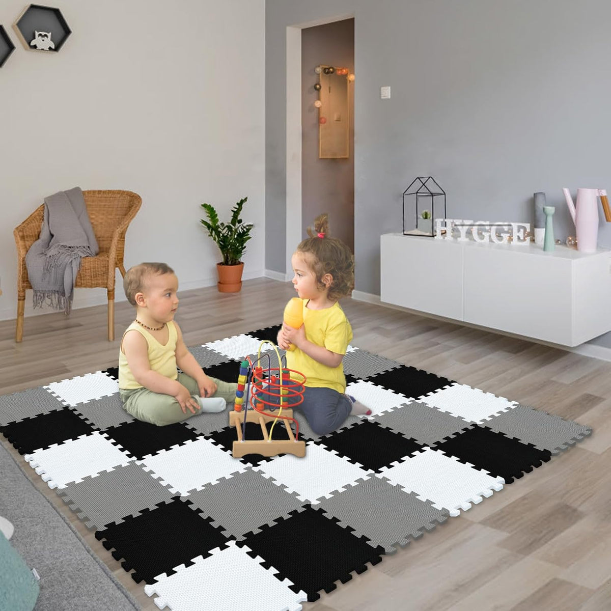 EVA Rubber 18 Tiles Interlocking Puzzle Foam Floor Mats - Baby Play Mat for Playing | Exercise Mat for Home Workout. White, Pink, Gray. QC-ACLb18N