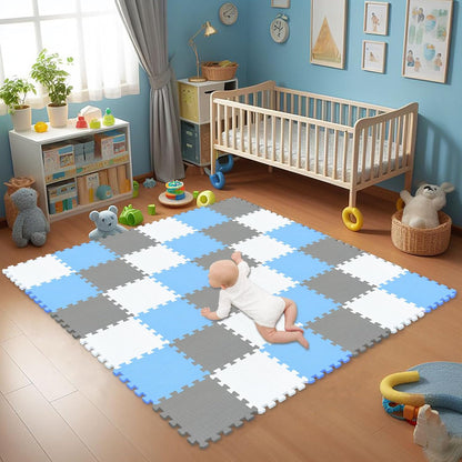 EVA Rubber 18 Tiles Interlocking Puzzle Foam Floor Mats - Baby Play Mat for Playing | Exercise Mat for Home Workout. White, Pink, Gray. QC-ACLb18N