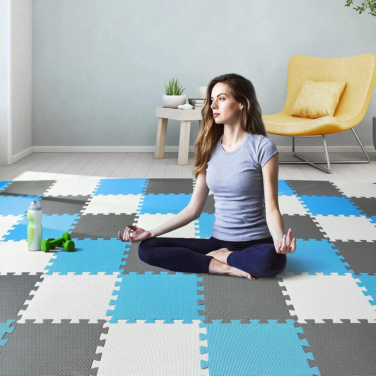 EVA Rubber 18 Tiles Interlocking Puzzle Foam Floor Mats - Baby Play Mat for Playing | Exercise Mat for Home Workout. White, Pink, Gray. QC-ACLb18N