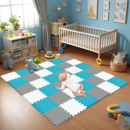 EVA Rubber 18 Tiles Interlocking Puzzle Foam Floor Mats - Baby Play Mat for Playing | Exercise Mat for Home Workout. White, Pink, Gray. QC-ACLb18N