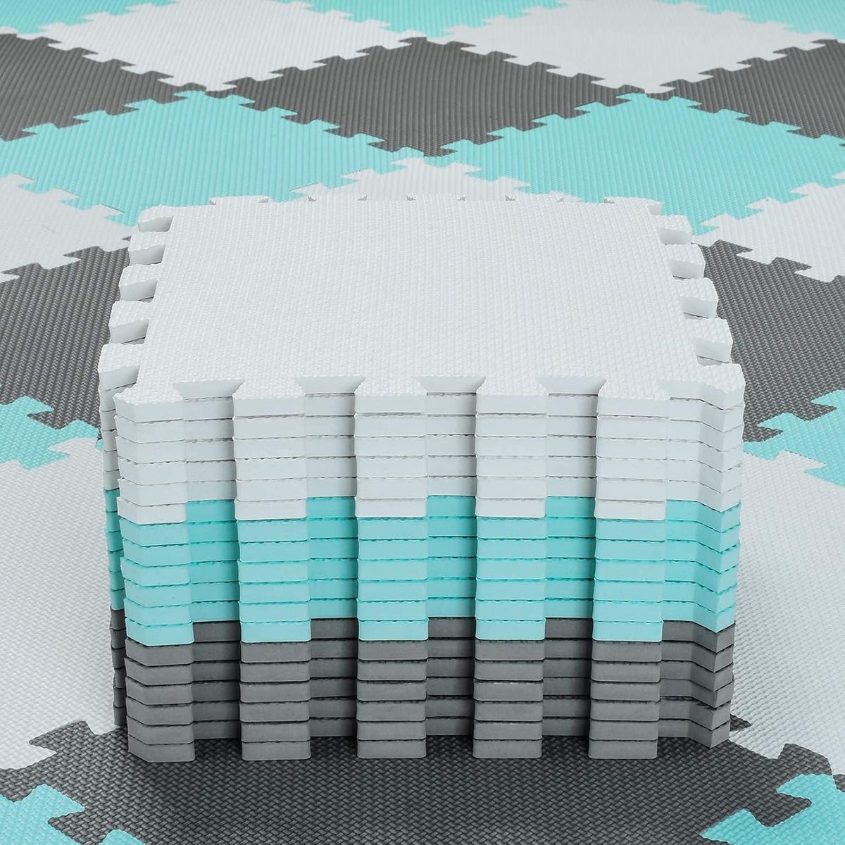 EVA Rubber 18 Tiles Interlocking Puzzle Foam Floor Mats - Baby Play Mat for Playing | Exercise Mat for Home Workout. White, Pink, Gray. QC-ACLb18N