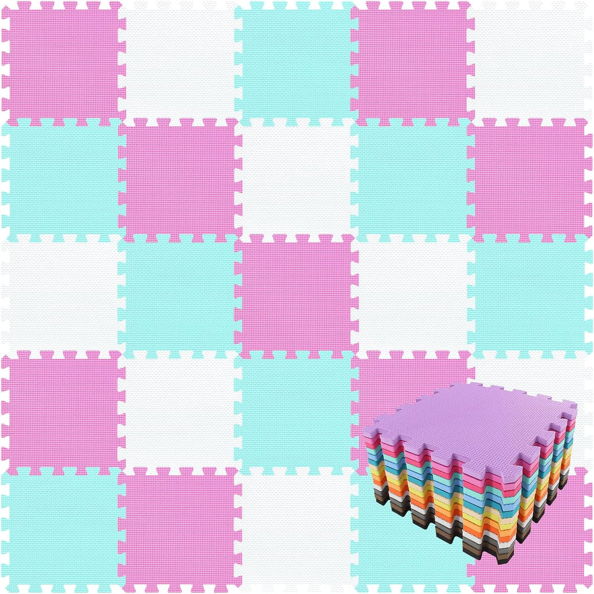 EVA Rubber 18 Tiles Interlocking Puzzle Foam Floor Mats - Baby Play Mat for Playing | Exercise Mat for Home Workout. White, Pink, Gray. QC-ACLb18N