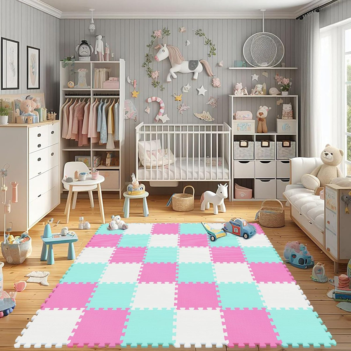 EVA Rubber 18 Tiles Interlocking Puzzle Foam Floor Mats - Baby Play Mat for Playing | Exercise Mat for Home Workout. White, Pink, Gray. QC-ACLb18N