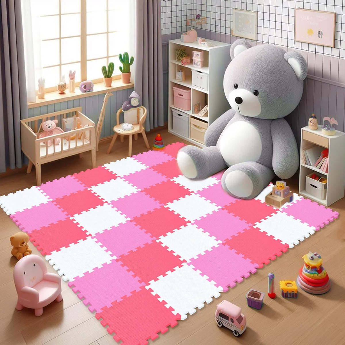 EVA Rubber 18 Tiles Interlocking Puzzle Foam Floor Mats - Baby Play Mat for Playing | Exercise Mat for Home Workout. White, Pink, Gray. QC-ACLb18N