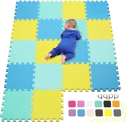 EVA Rubber 18 Tiles Interlocking Puzzle Foam Floor Mats - Baby Play Mat for Playing | Exercise Mat for Home Workout. White, Pink, Gray. QC-ACLb18N
