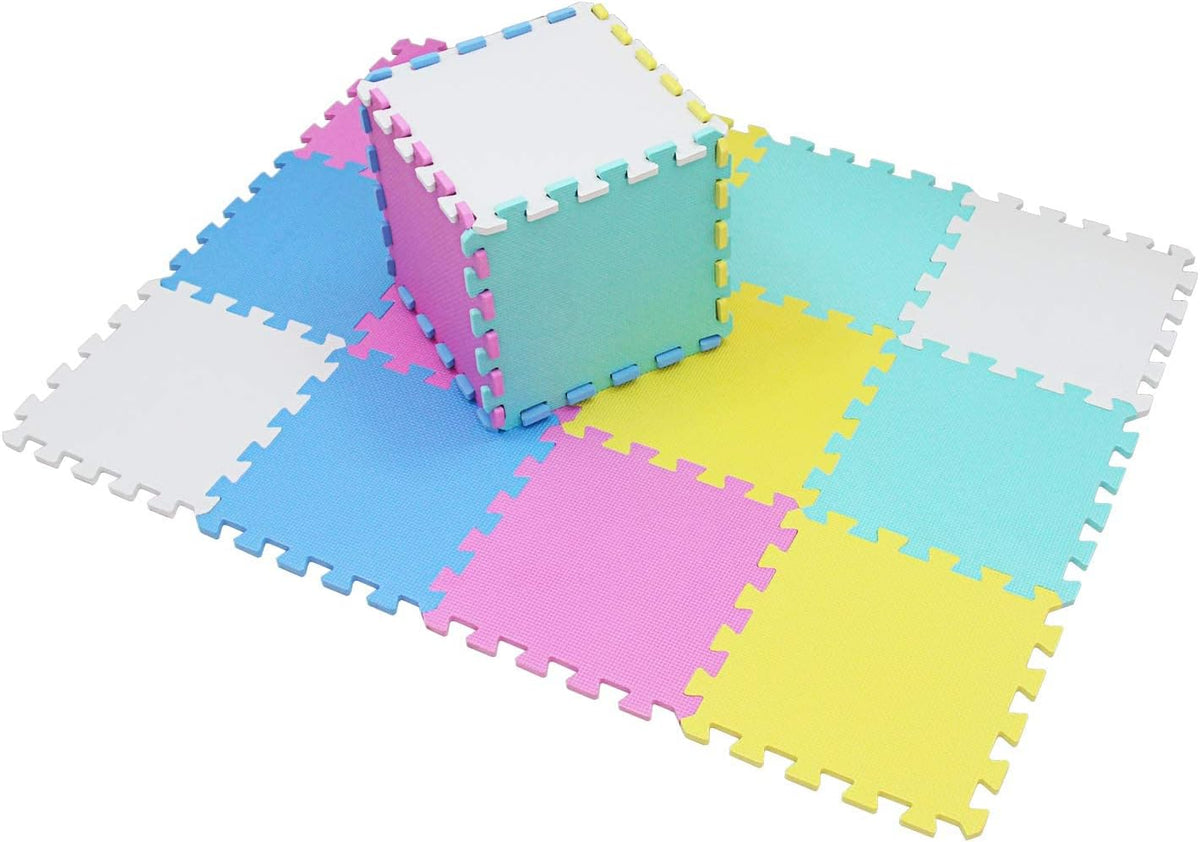 EVA Rubber 18 Tiles Interlocking Puzzle Foam Floor Mats - Baby Play Mat for Playing | Exercise Mat for Home Workout. White, Pink, Gray. QC-ACLb18N