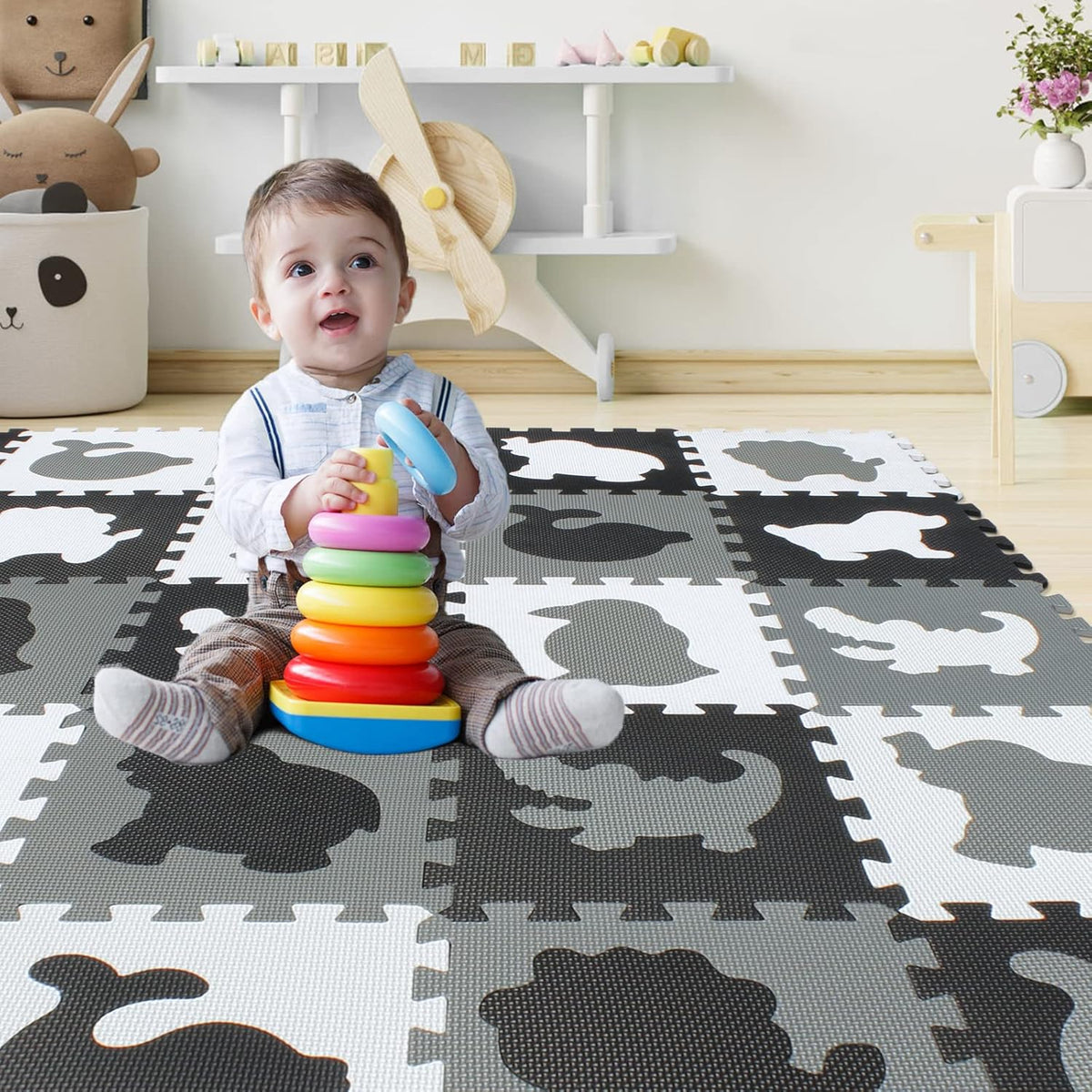 EVA Rubber 18 Tiles Interlocking Puzzle Foam Floor Mats - Baby Play Mat for Playing | Exercise Mat for Home Workout. White, Pink, Gray. QC-ACLb18N