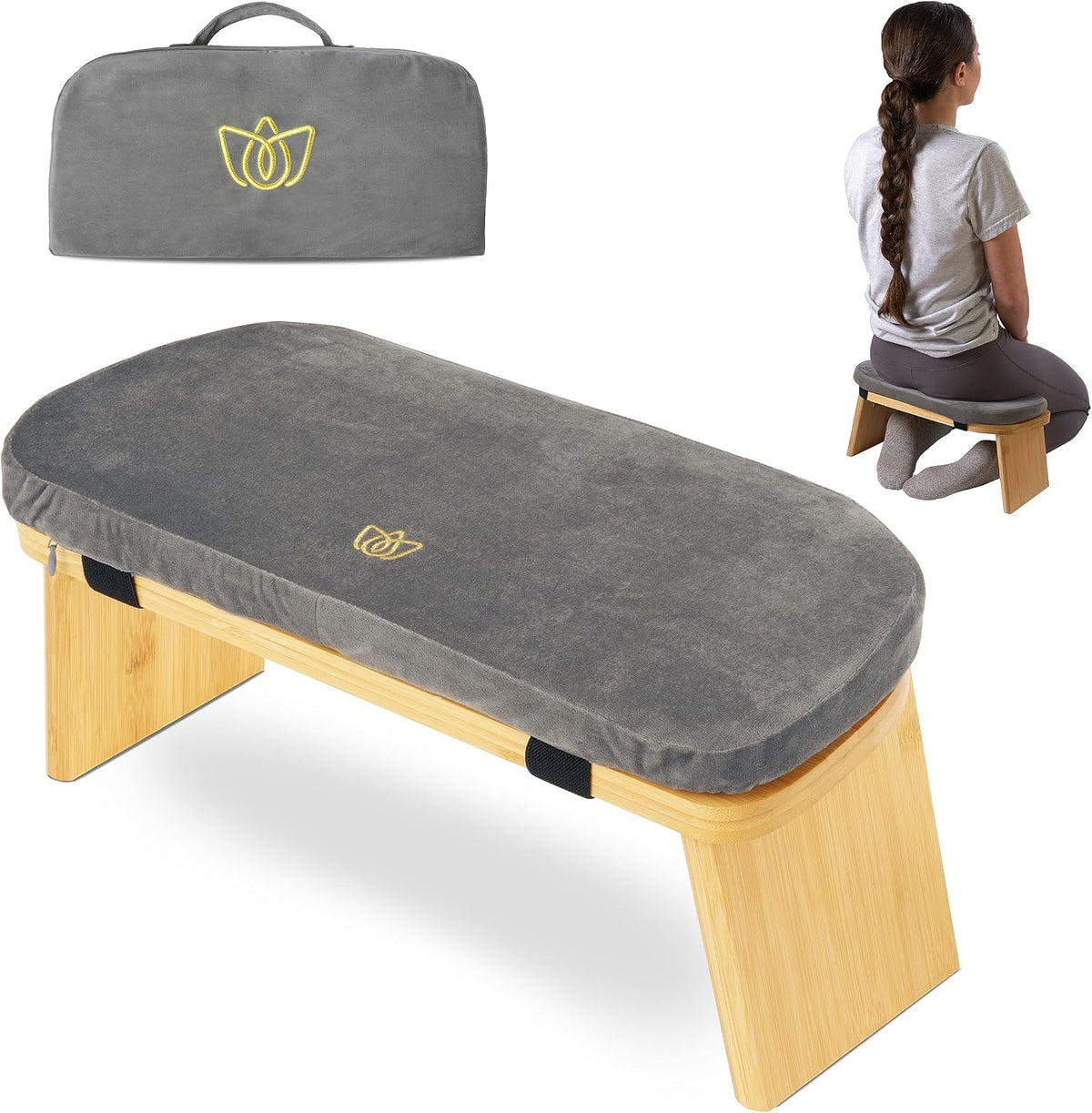 Folding Bamboo Meditation Chair 18 x 7 x 6 in Grey Kneeling Bench