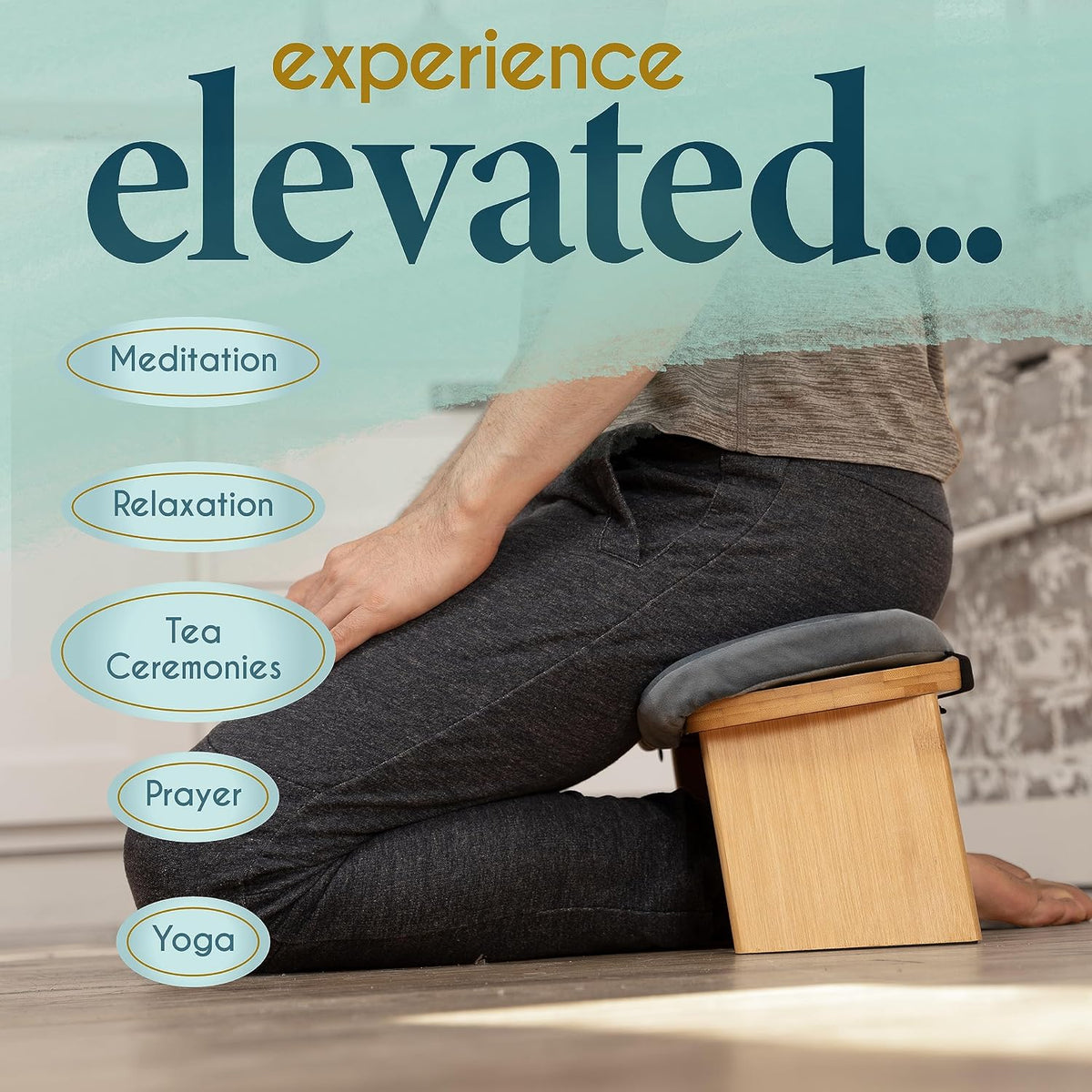 Folding Bamboo Meditation Chair 18 x 7 x 6 in Grey Kneeling Bench