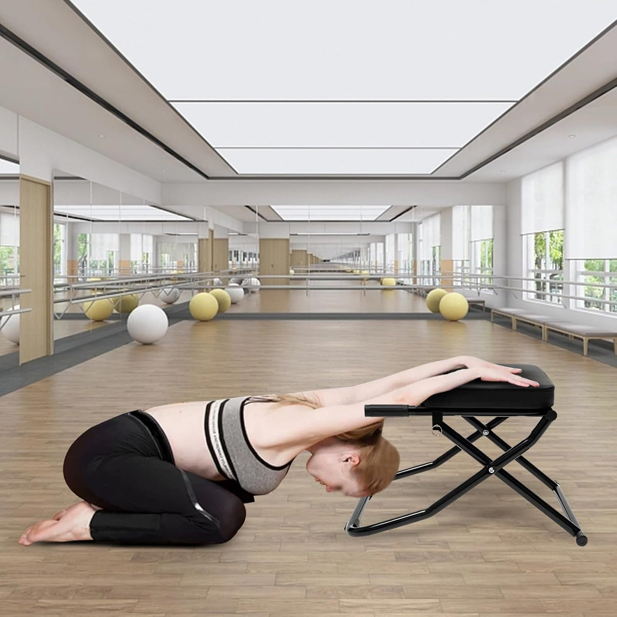 Foldable Yoga Inversion Chair for Headstand and Back Relief, Black, Steel Frame with PU Cushion, 330 lbs Weight Capacity, Portable Workout Bench