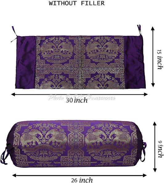 Indian Home Decor Living Room Bolster Yoga Rectangular Pillowcase Cover Cylindrical Hotdog Purple Tubular Jacquard Brocade Silk Elephant Traditional Throw Cushion Cover 76x38 cm - 1 Pc