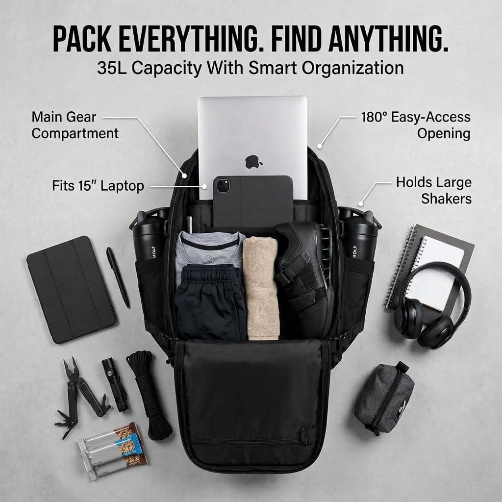 35L Athletic Gym Backpack - Durable 1000D Waterproof Oxford Material with MOLLE Webbing, Laptop Pocket - Colors A