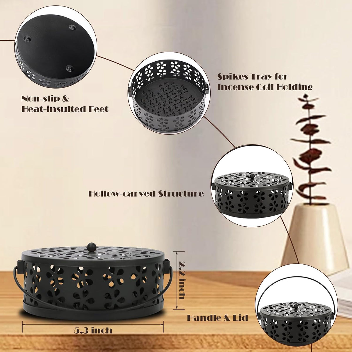 Mosquito Incense Coil Holder Indoor Outdoor Citronella Incense Coil Holder for Home Patio Camping (Black)