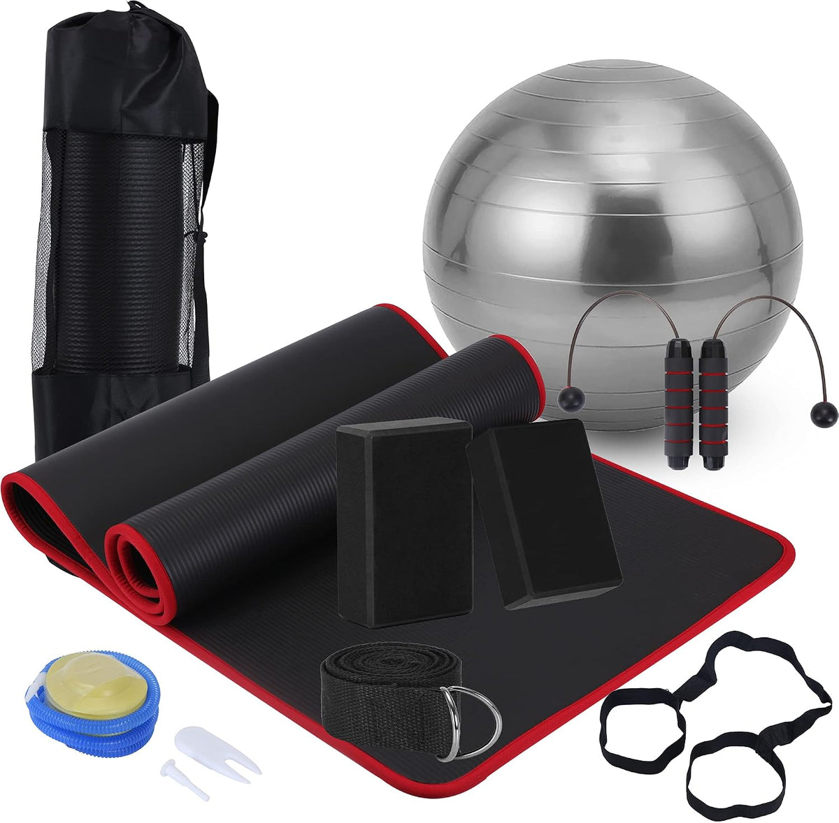 Yoga Mat Set for Beginners,Yoga Mat with Carrying Strap,Yoga Blocks 2 Pack with Yoga Strap,Yoga Ball,Ankle Puller,11-Piece Yoga Kits and Sets for Beginners,Yoga Starter Kit for Women Men
