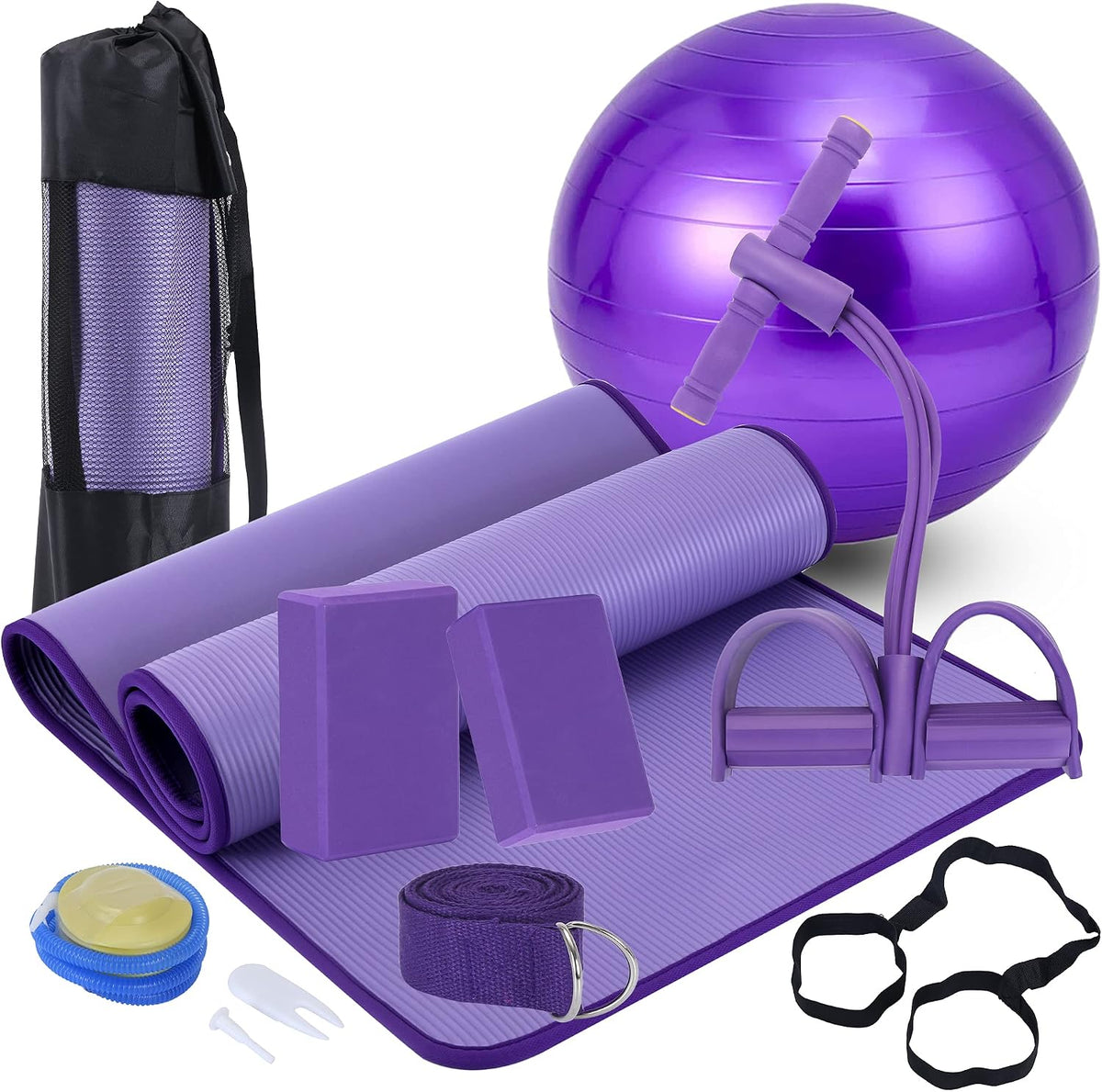 Yoga Mat Set for Beginners,Yoga Mat with Carrying Strap,Yoga Blocks 2 Pack with Yoga Strap,Yoga Ball,Ankle Puller,11-Piece Yoga Kits and Sets for Beginners,Yoga Starter Kit for Women Men
