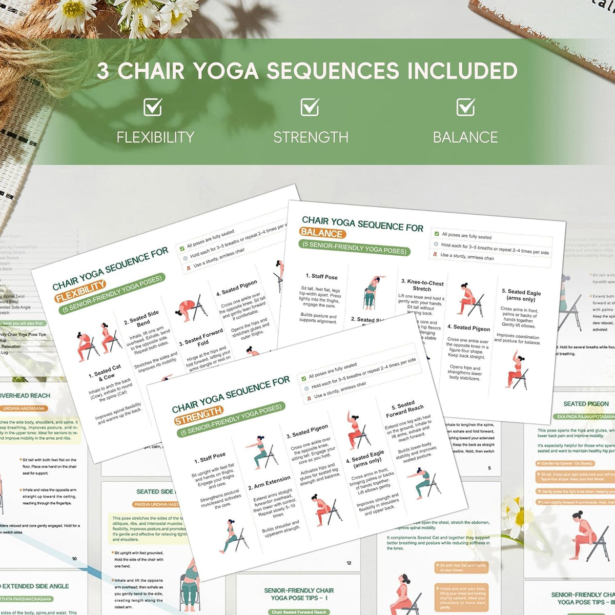 Chair Yoga for Seniors Over 60 Book & Chart – 30-Day Challenge, Gentle Seated Yoga Guide, Chair Yoga for Weight Loss & Flexibility, Senior Chair Exercises for Women & Men, 8.5x11" Book on Chair Yoga