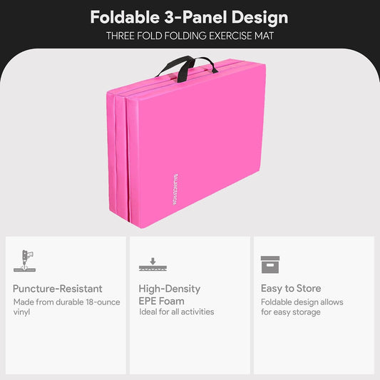 BalanceFrom 6x2 Feet 3-Panel Folding Gymnastics Mat – 1.5-Inch Thick Pad with Vinyl Surface and Carrying Handles for Tumbling, Yoga, Pilates, Home Workouts, and Martial Arts