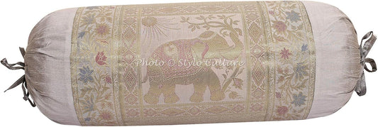 Indian Polydupion Cylindrical Yoga Bolster Pillow Cover Grey Jacquard Brocade Border Elephant Large Sofa Round Cylinder Cushion Cover (1 Pc) | 30x15 Inches (76x38 cm)