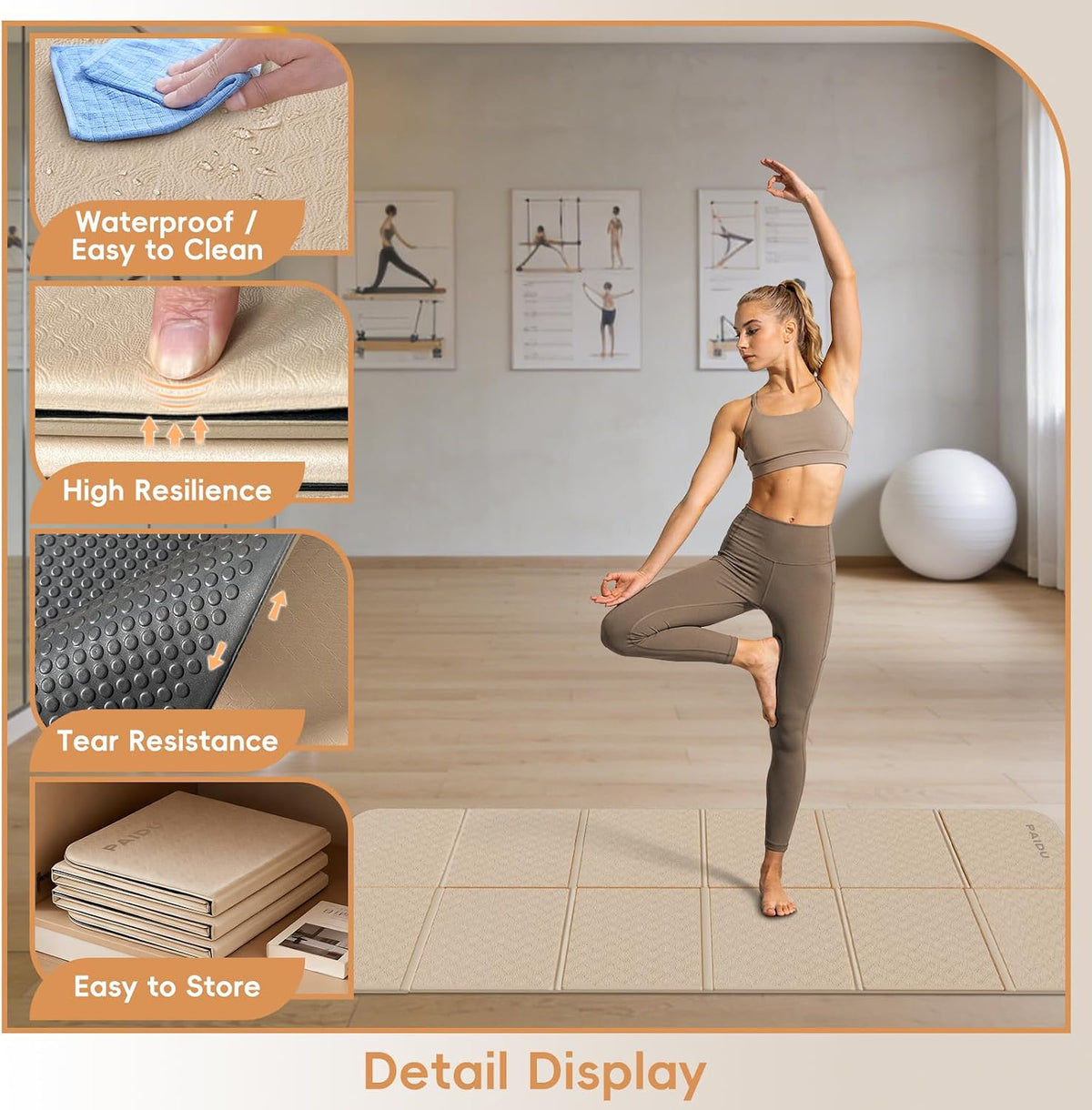 Foldable Yoga Mat, 70"x24"x0.31" TPE Non-Slip Mat with Bag
