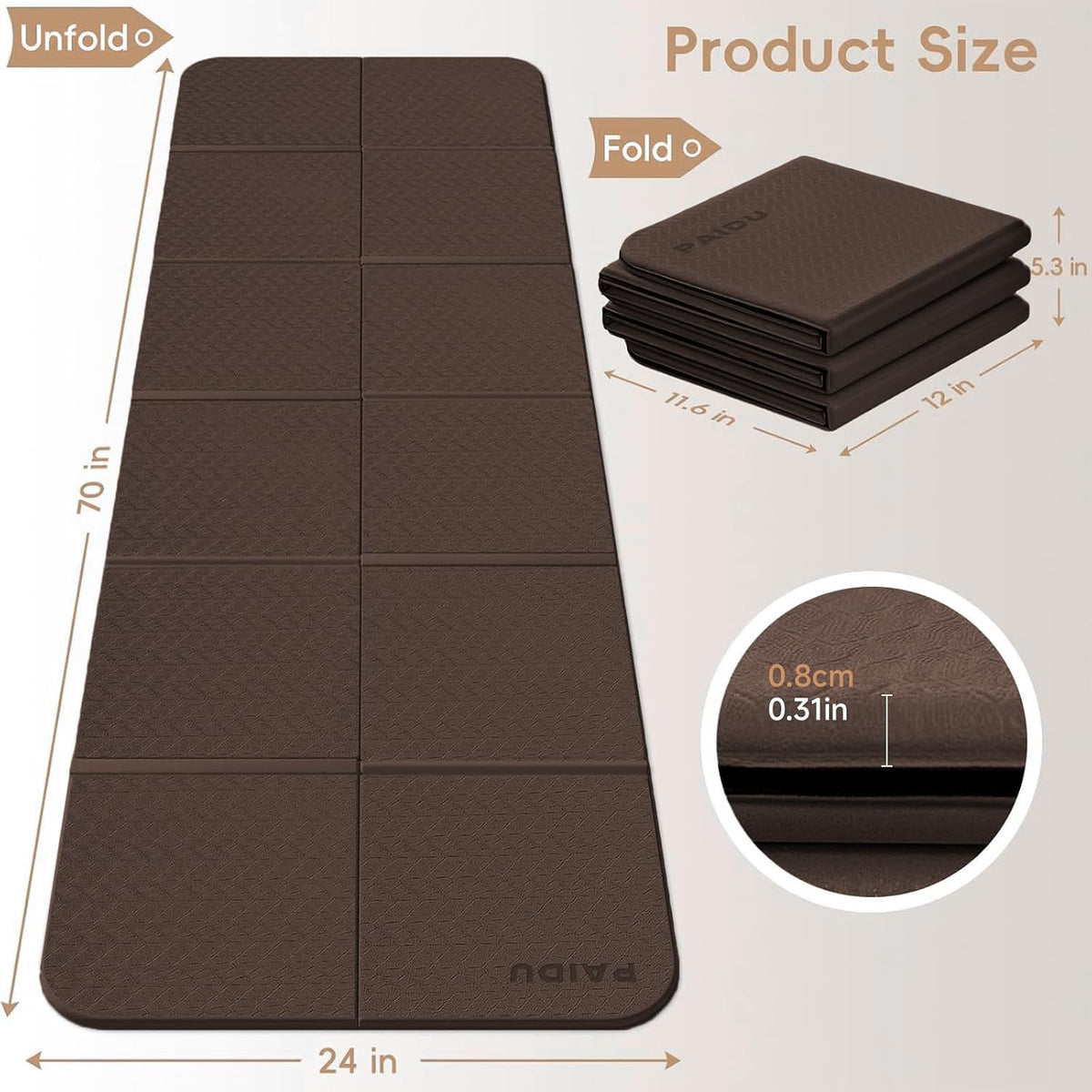 Foldable Yoga Mat, 70"x24"x0.31" TPE Non-Slip Mat with Bag