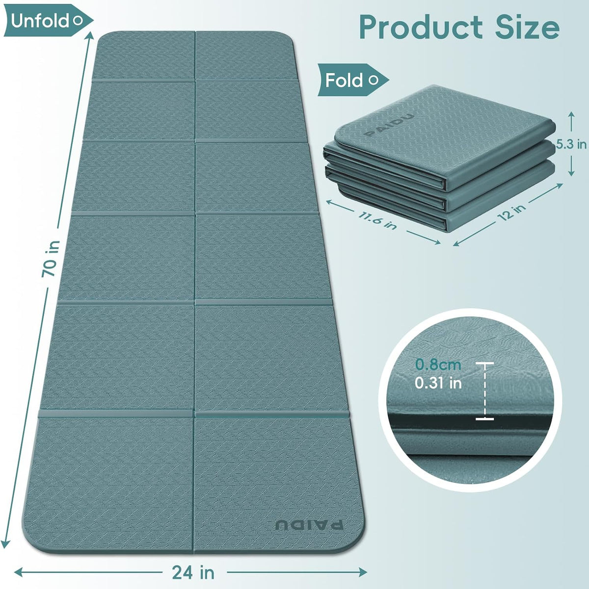 Foldable Yoga Mat, 70"x24"x0.31" TPE Non-Slip Mat with Bag