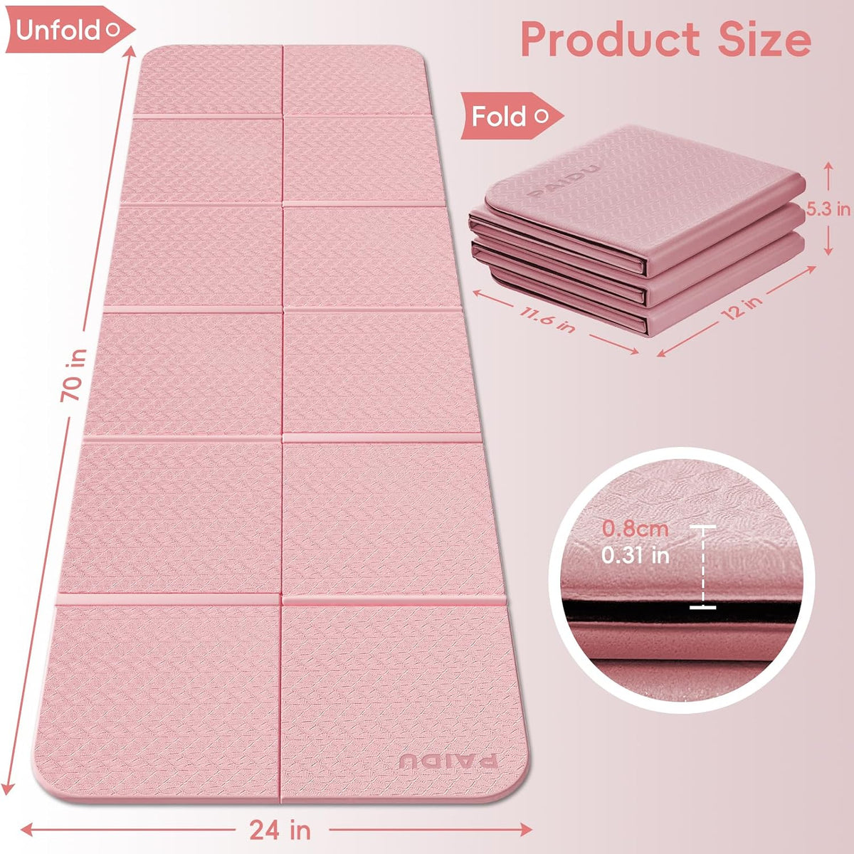 Foldable Yoga Mat, 70"x24"x0.31" TPE Non-Slip Mat with Bag