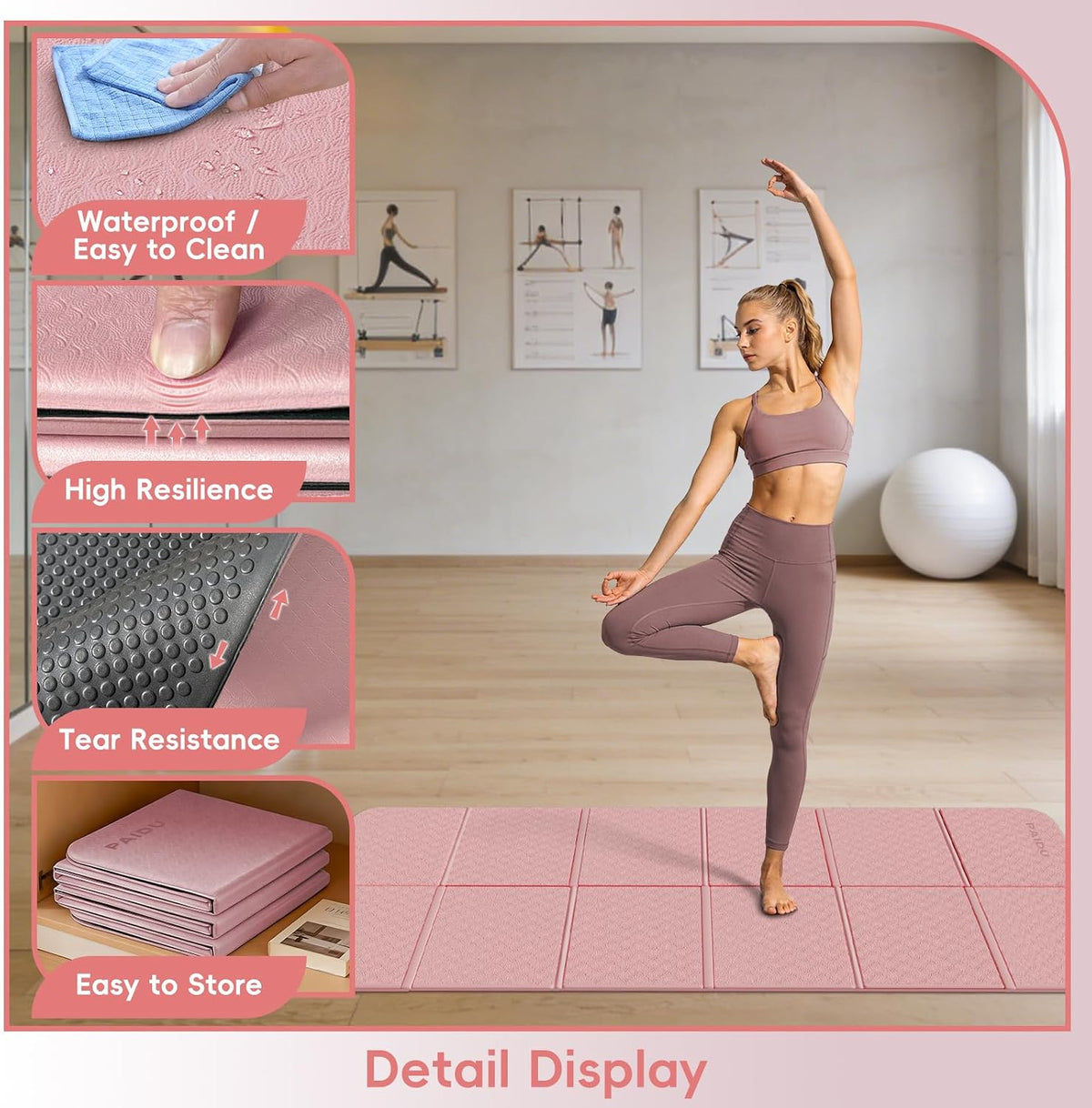 Foldable Yoga Mat, 70"x24"x0.31" TPE Non-Slip Mat with Bag