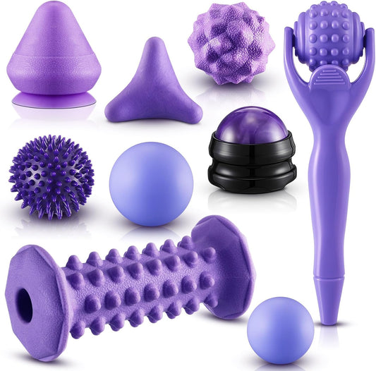 9 Pcs Massage Balls Set for Myofascial Point Release & Deep Massage Tissue Includes Lacrosse, 360° Rotating Mountable Ball, Spiky Balls, Hand Exercise Ball, Foot Roller