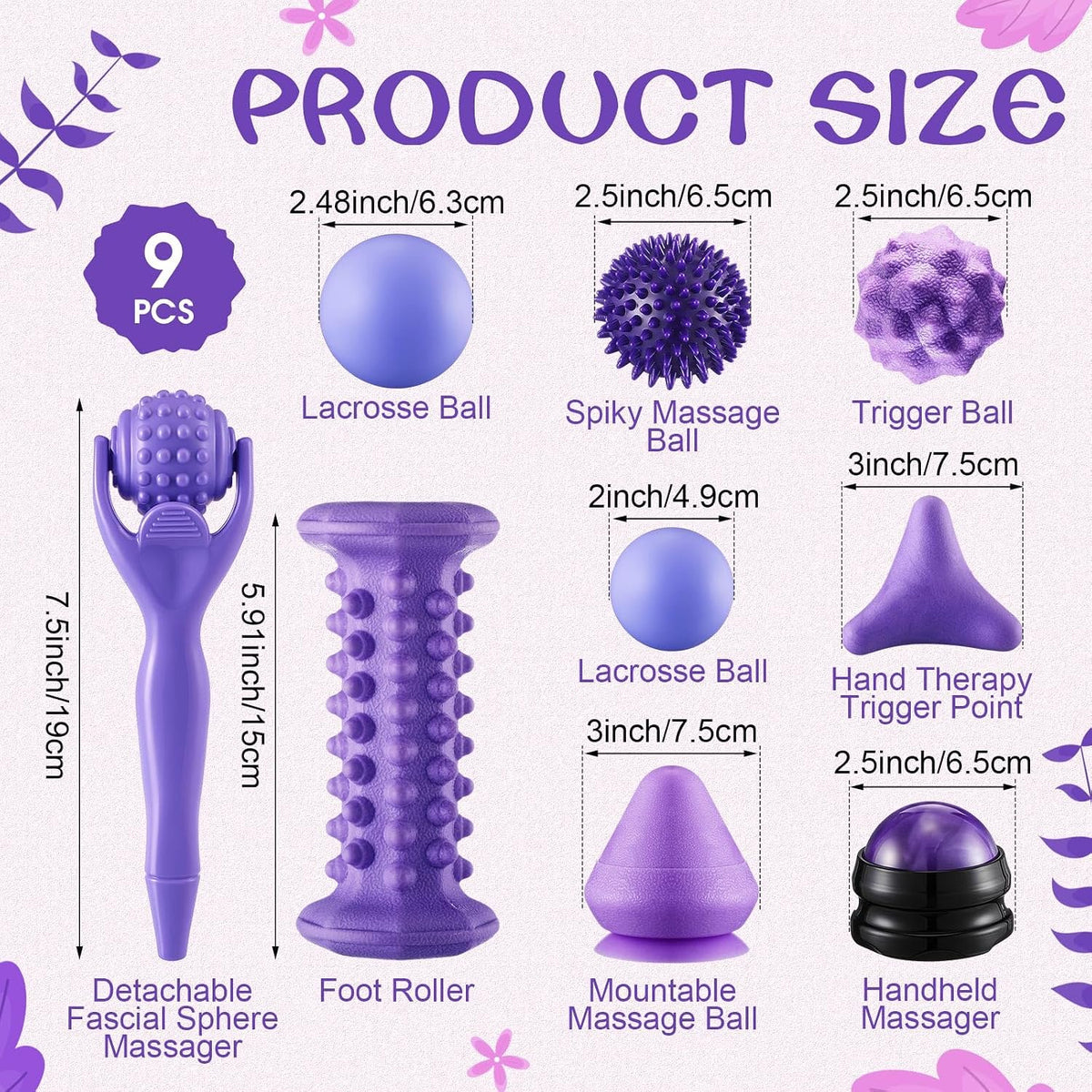 9 Pcs Massage Balls Set for Myofascial Point Release & Deep Massage Tissue Includes Lacrosse, 360° Rotating Mountable Ball, Spiky Balls, Hand Exercise Ball, Foot Roller