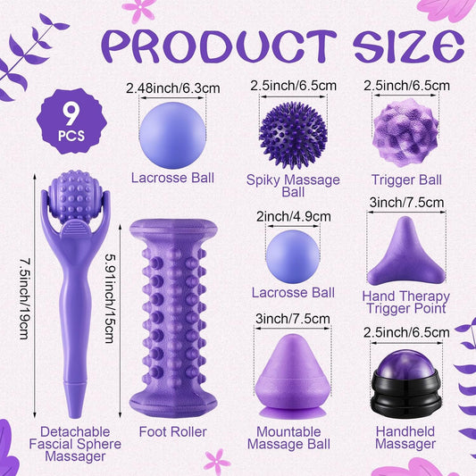 9 Pcs Massage Balls Set for Myofascial Point Release & Deep Massage Tissue Includes Lacrosse, 360° Rotating Mountable Ball, Spiky Balls, Hand Exercise Ball, Foot Roller