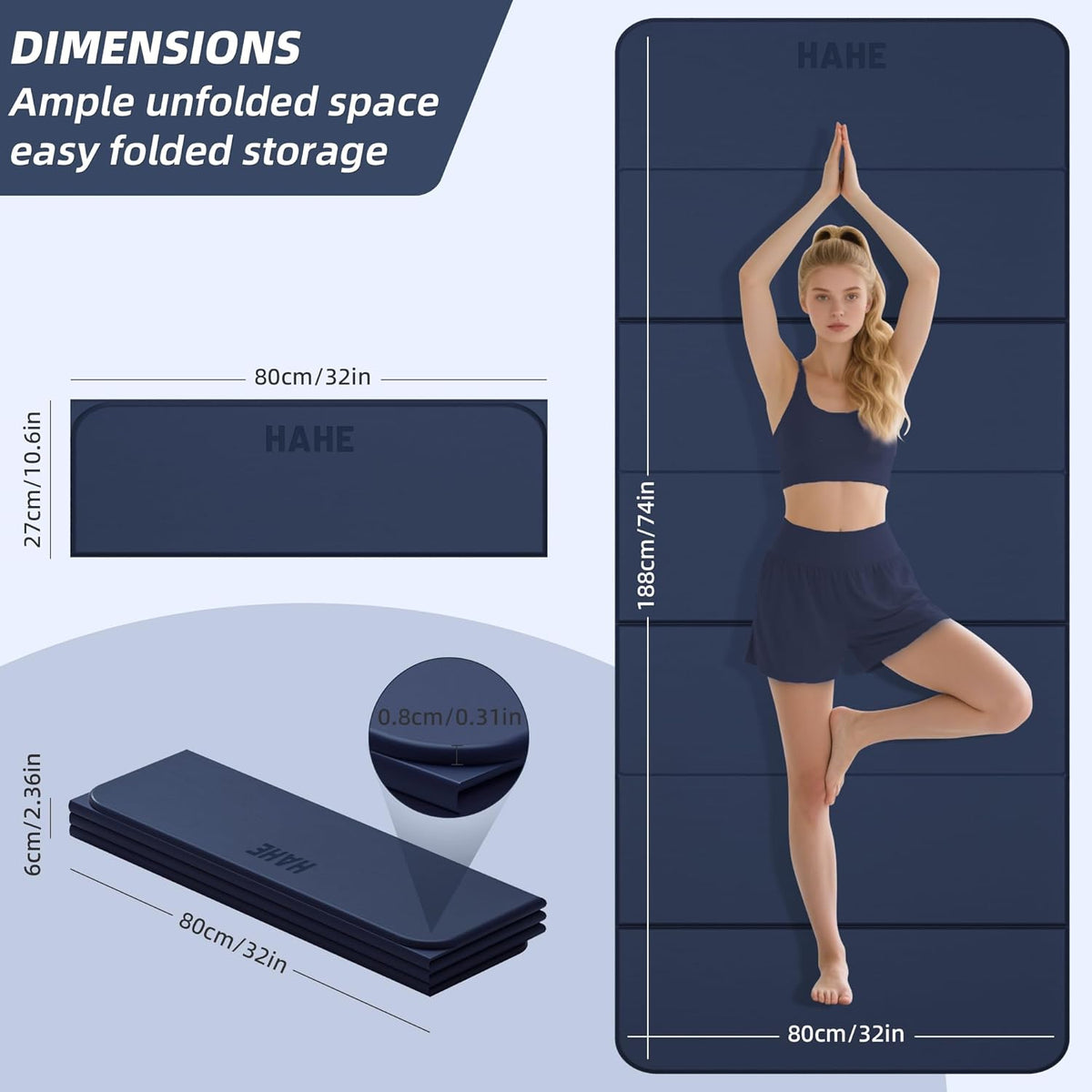 Foldable Yoga Mat 74"Lx32"Wx1/3"Thick, Folding Exercise Mats