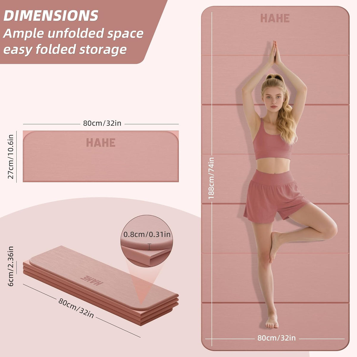 Foldable Yoga Mat 74"Lx32"Wx1/3"Thick, Folding Exercise Mats