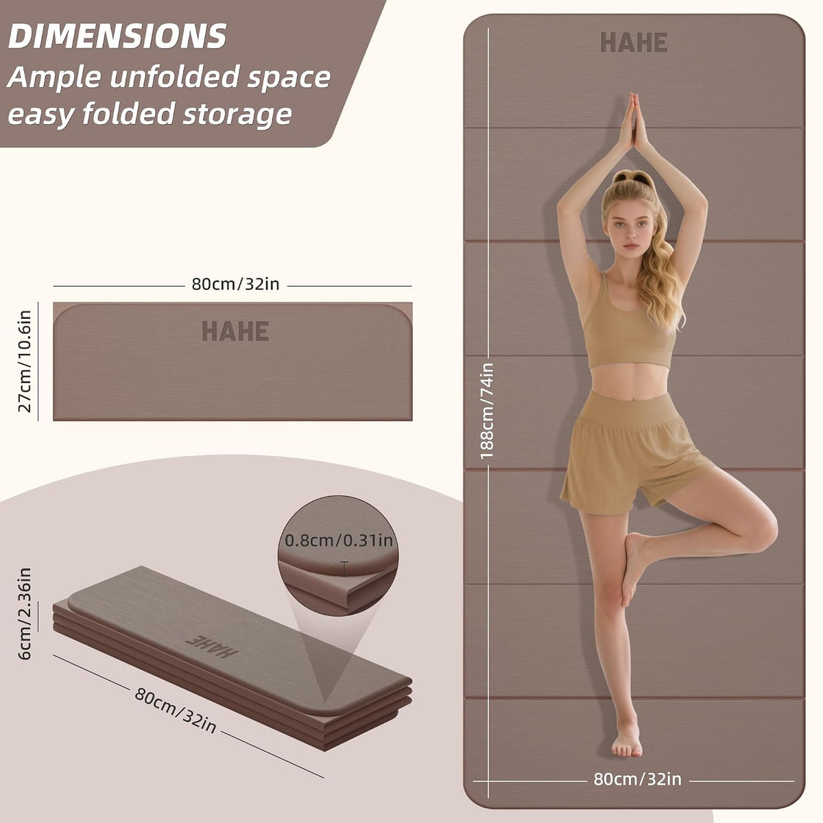 Foldable Yoga Mat 74"Lx32"Wx1/3"Thick, Folding Exercise Mats