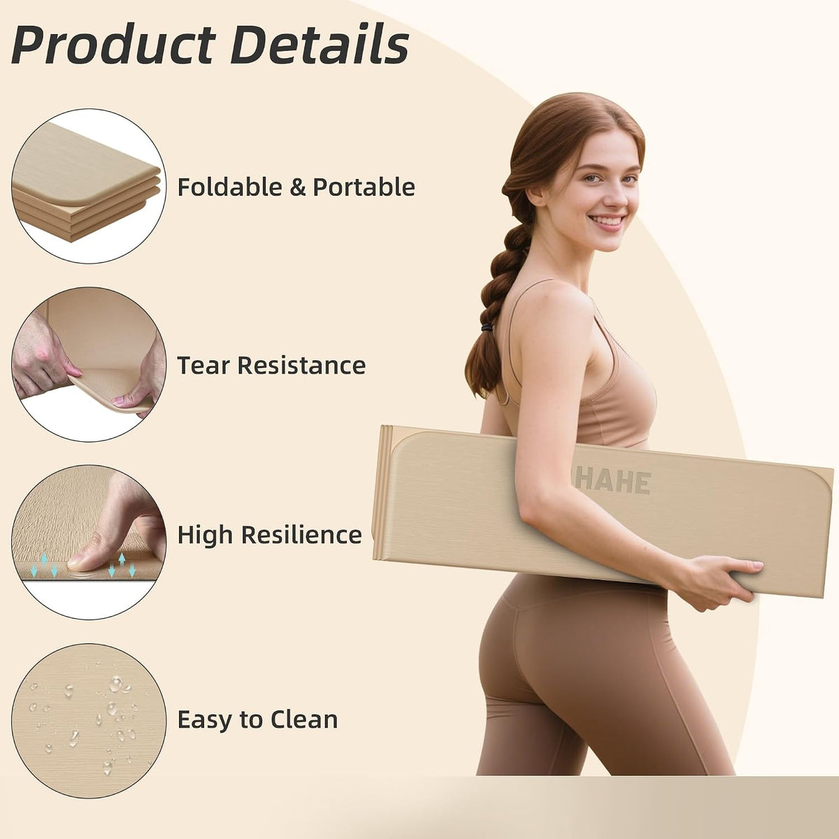 Foldable Yoga Mat 74"Lx32"Wx1/3"Thick, Folding Exercise Mats