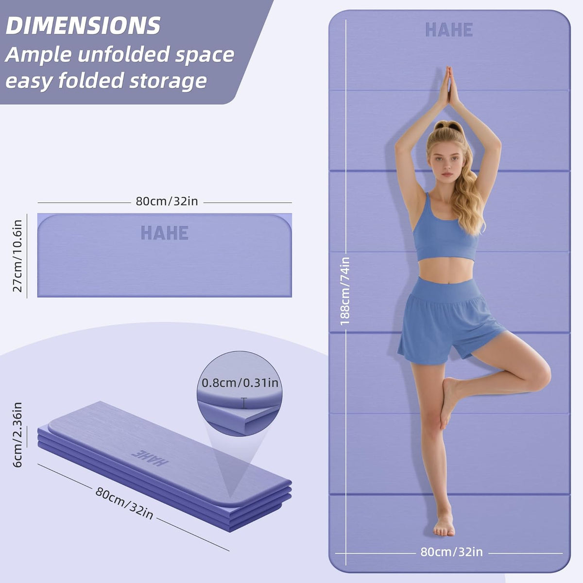 Foldable Yoga Mat 74"Lx32"Wx1/3"Thick, Folding Exercise Mats