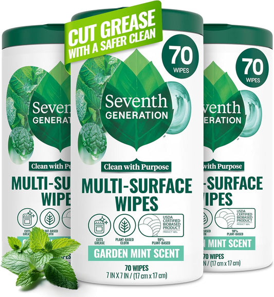 Multi-Surface Wipes, Pack of 3, Garden Mint, Plant-Based Cleaning Wipes, No Harsh Fumes or Residue, Safe Around Kids