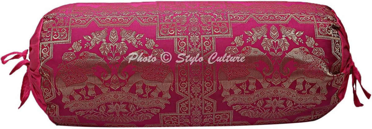 Indian Polydupion Decorative Bolster Pillow Cover for Yoga Pink Gold Elephant Cylindrical Brocade Silk Jacquard Neck Roll Home Decor Tubular Bolster Case | (1 Pc) | (76x38 cm)