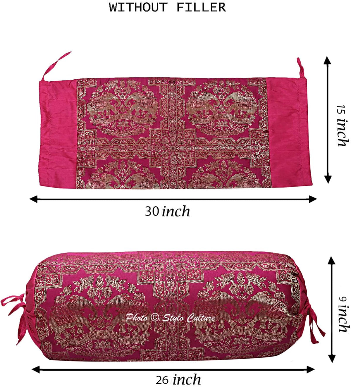Indian Polydupion Decorative Bolster Pillow Cover for Yoga Pink Gold Elephant Cylindrical Brocade Silk Jacquard Neck Roll Home Decor Tubular Bolster Case | (1 Pc) | (76x38 cm)