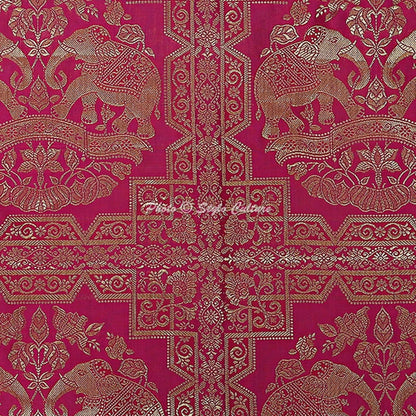 Indian Polydupion Decorative Bolster Pillow Cover for Yoga Pink Gold Elephant Cylindrical Brocade Silk Jacquard Neck Roll Home Decor Tubular Bolster Case | (1 Pc) | (76x38 cm)