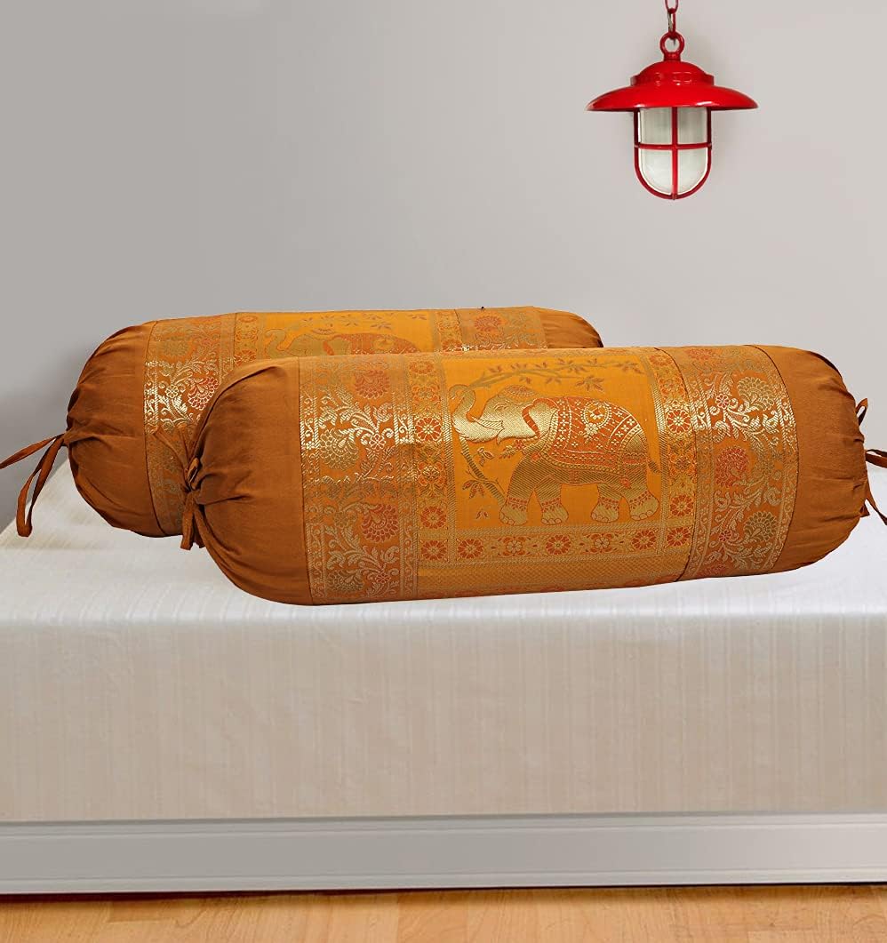 Ethnic Jacquard Brocade Silk Bolster Yoga Rectangular Pillowcase Cover Elephant Brown Tubular Massand Living Room Decorative Hotdog Indian Throw Pillowcase 76x38 cm - Set of 2 Pcs