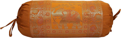 Ethnic Jacquard Brocade Silk Bolster Yoga Rectangular Pillowcase Cover Elephant Brown Tubular Massand Living Room Decorative Hotdog Indian Throw Pillowcase 76x38 cm - Set of 2 Pcs