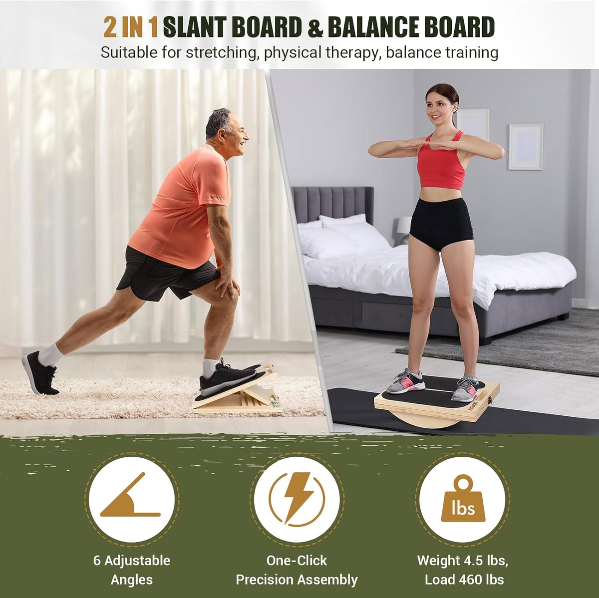 Slant Board Calf Stretching, 460 LBS Capacity Portable Wooden Incline Board