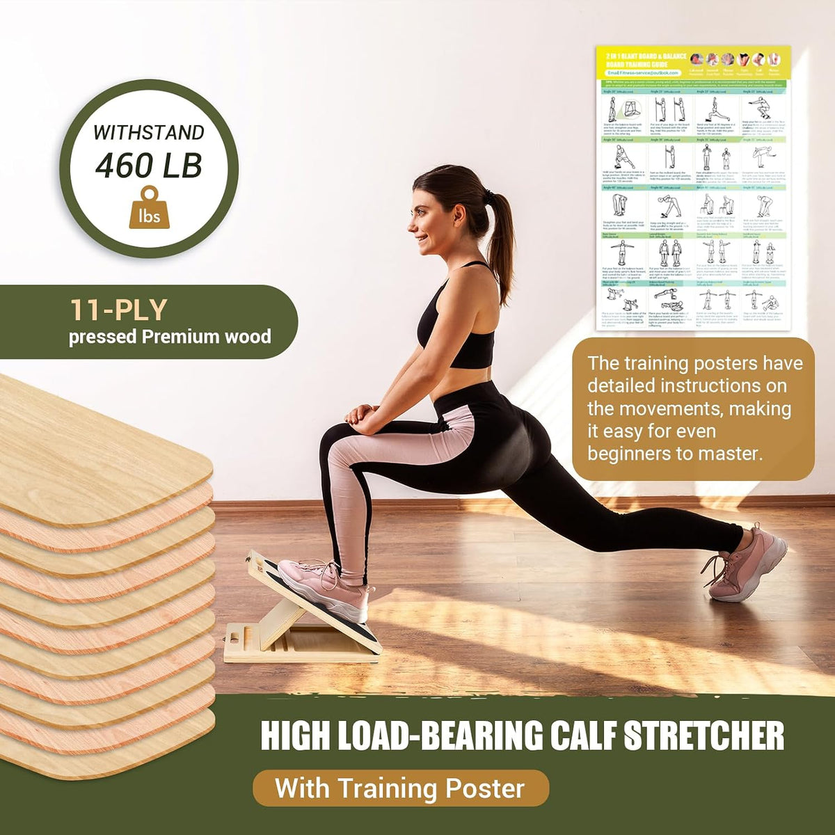 Slant Board Calf Stretching, 460 LBS Capacity Portable Wooden Incline Board