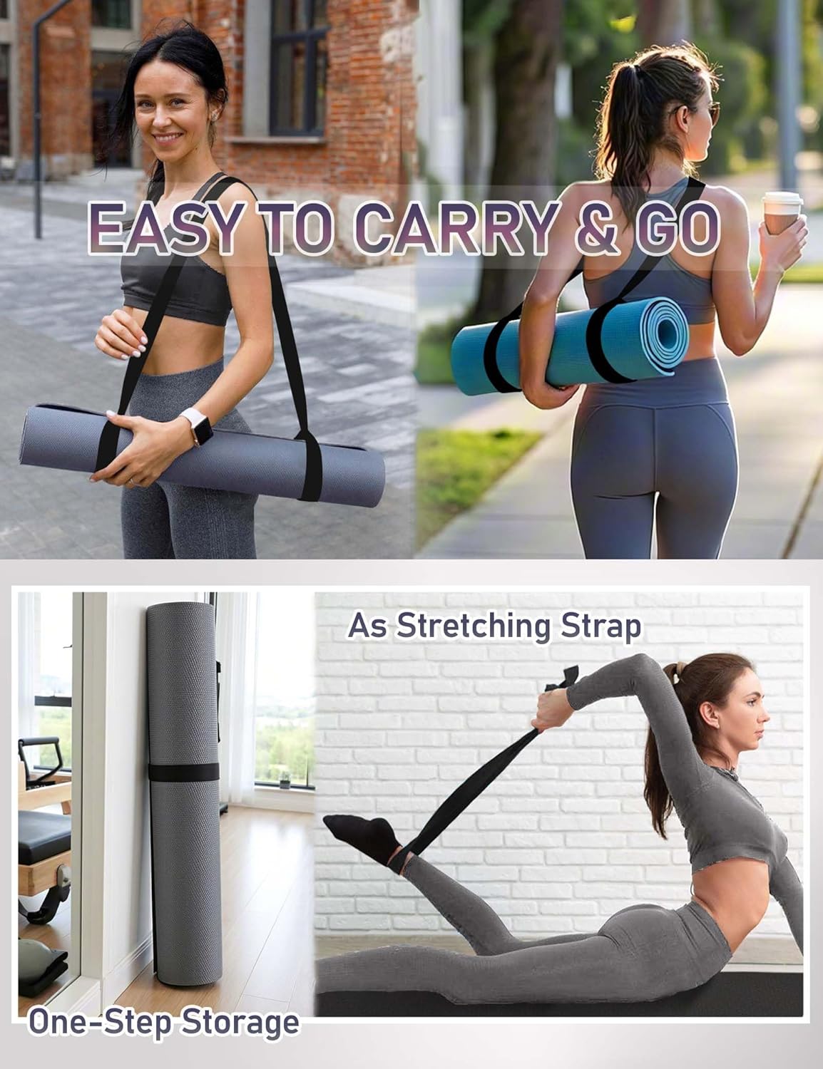 Yoga Mat Carrier Strap Long - Adjustable Thick and Wide Strap for Carrying Mat or Stretching, Black