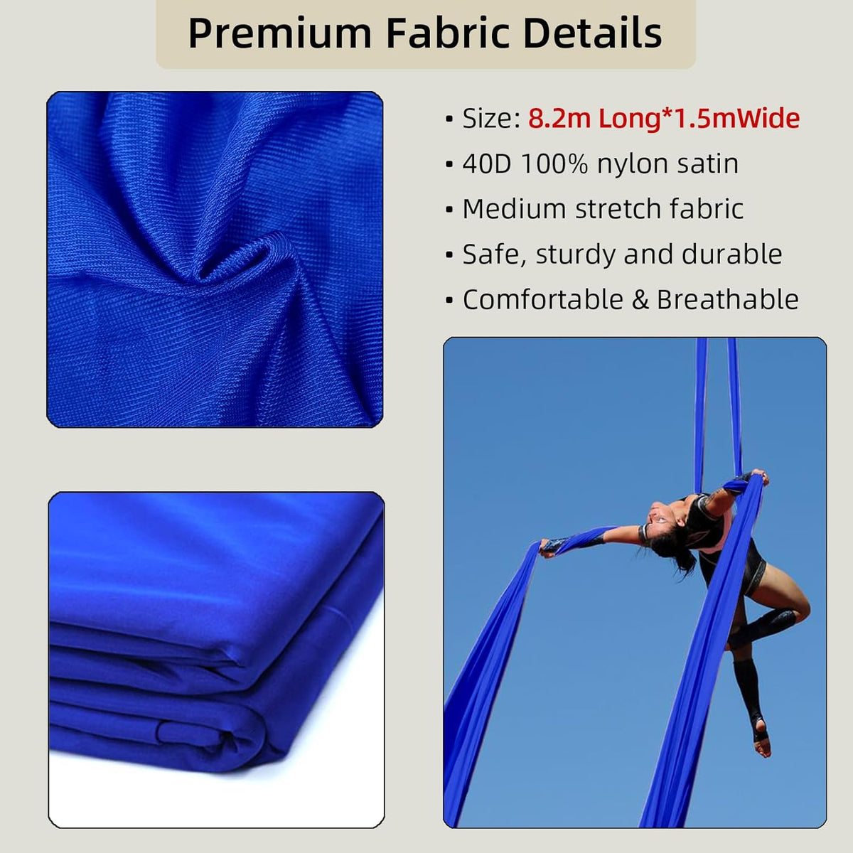 Aerial Silks Fabric, 9 Yards(8.2mL x 1.5mW) 40D Nylon Medium Stretch Yoga Swing for Acrobatic Flying, Durable Aerial Trapeze for Home, Boost Strength Balance (Fabric Only)
