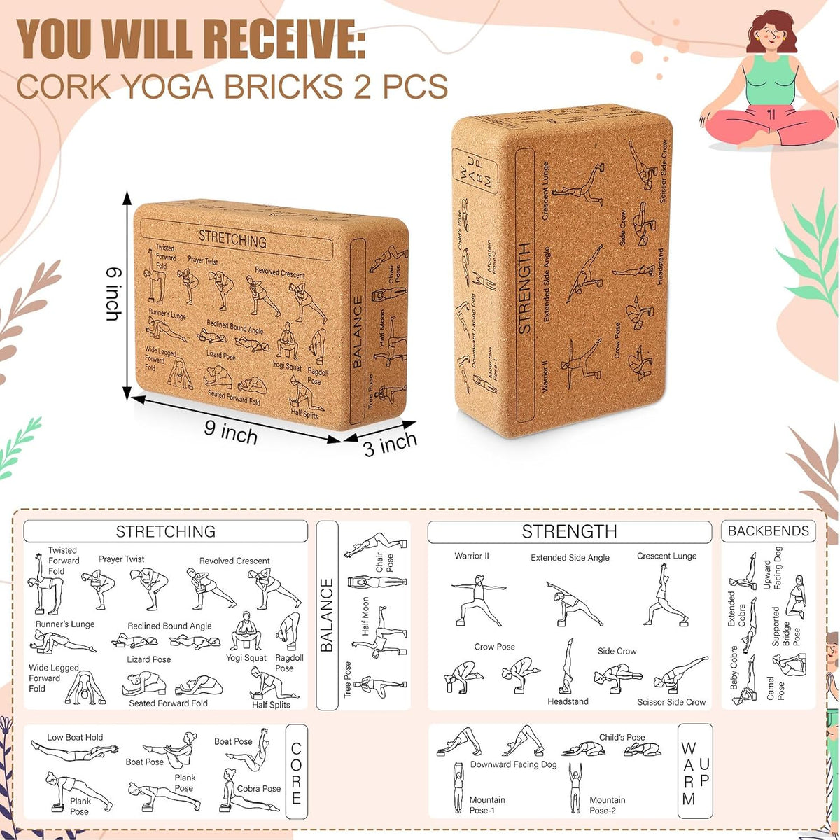 2 Pack Cork Yoga Blocks for Support and Balance, Beige