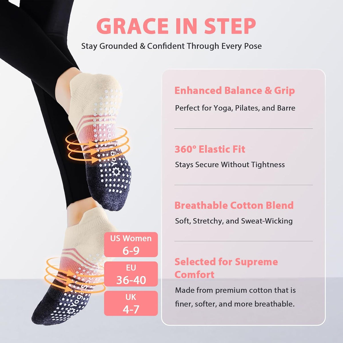 Non Slip Pilates Grip Socks for Women Yoga Barre Knitted Cotton