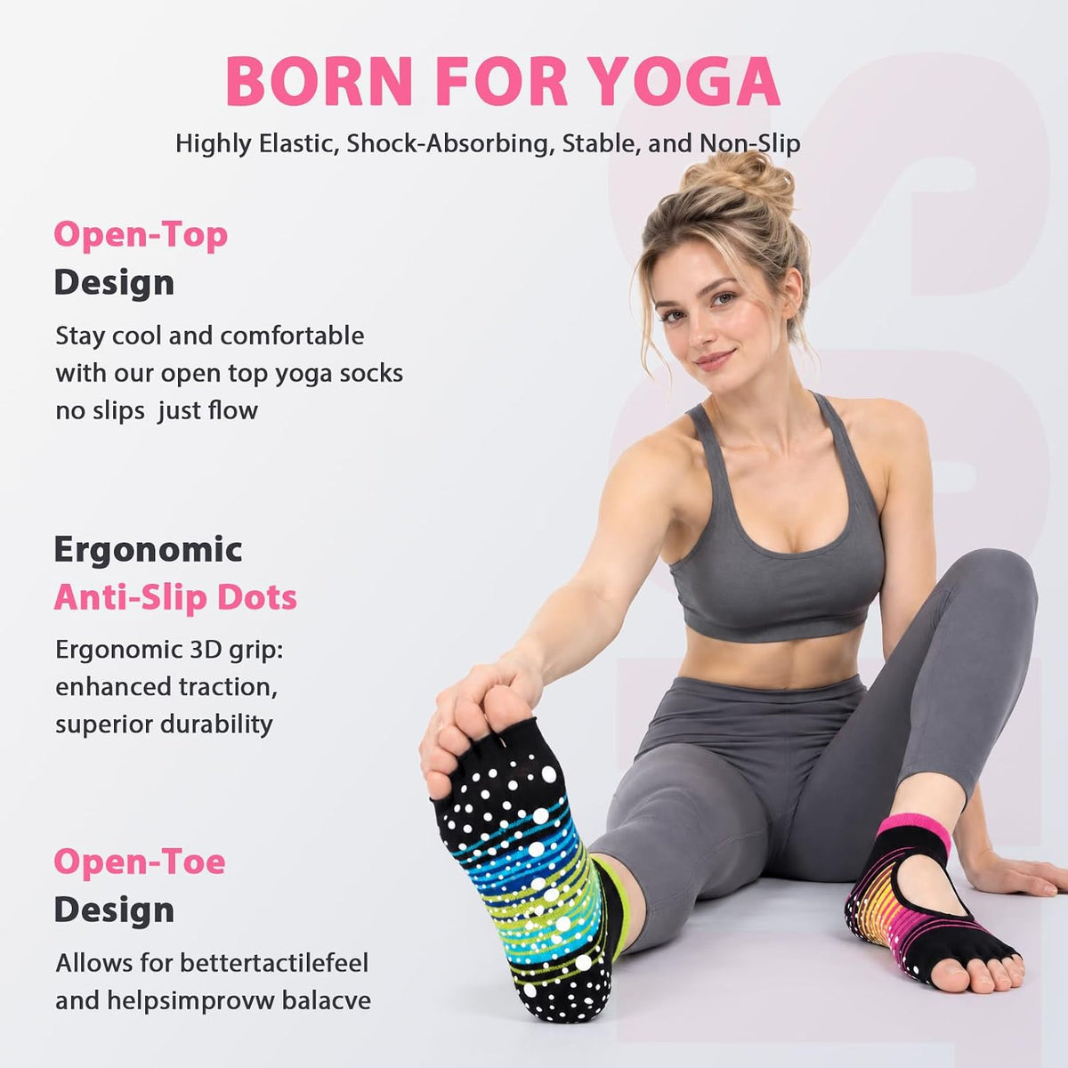 Non Slip Pilates Grip Socks for Women Yoga Barre Knitted Cotton