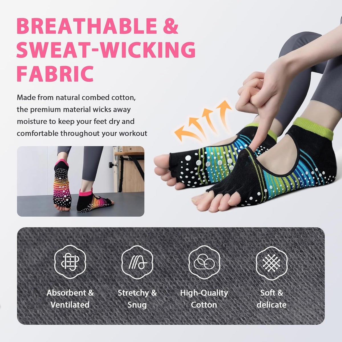 Non Slip Pilates Grip Socks for Women Yoga Barre Knitted Cotton